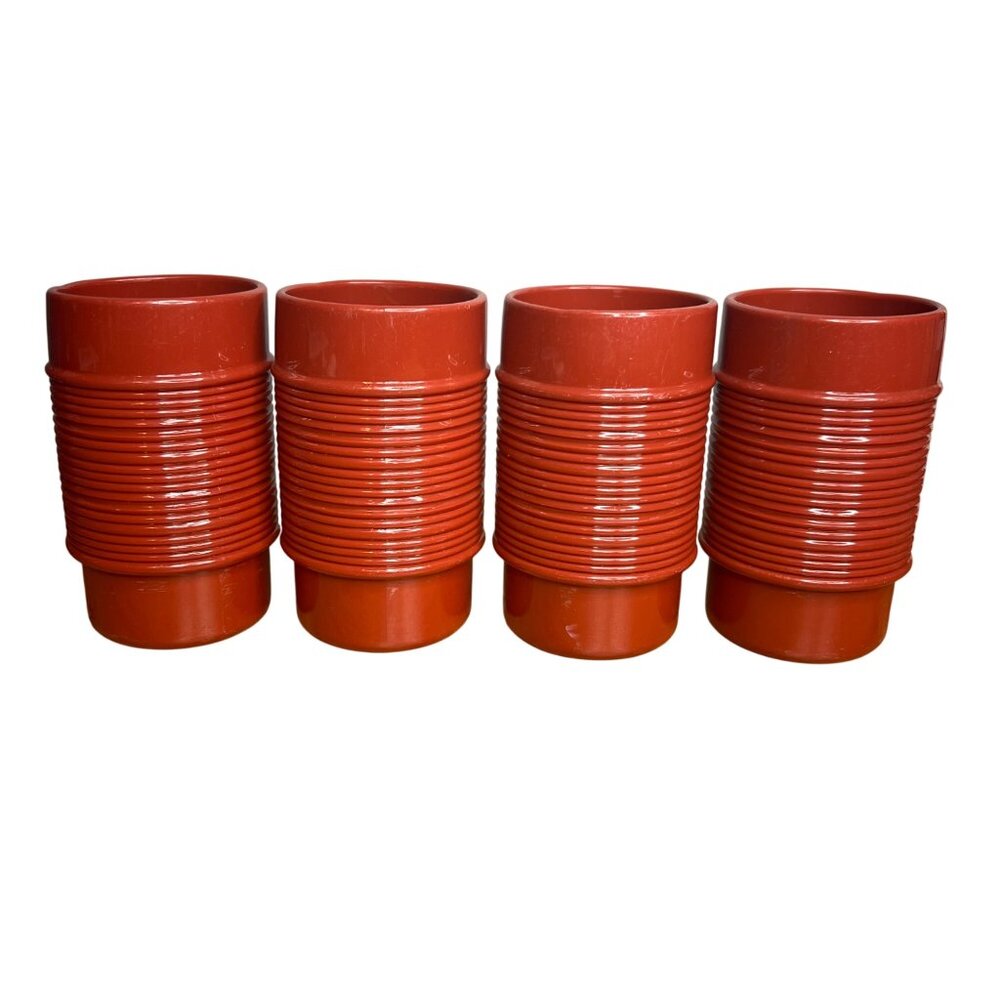 Vintage Melamine Red Orange Tumblers 5" Rubbermaid Hard Plastic‎ Ribbed Set Of 4